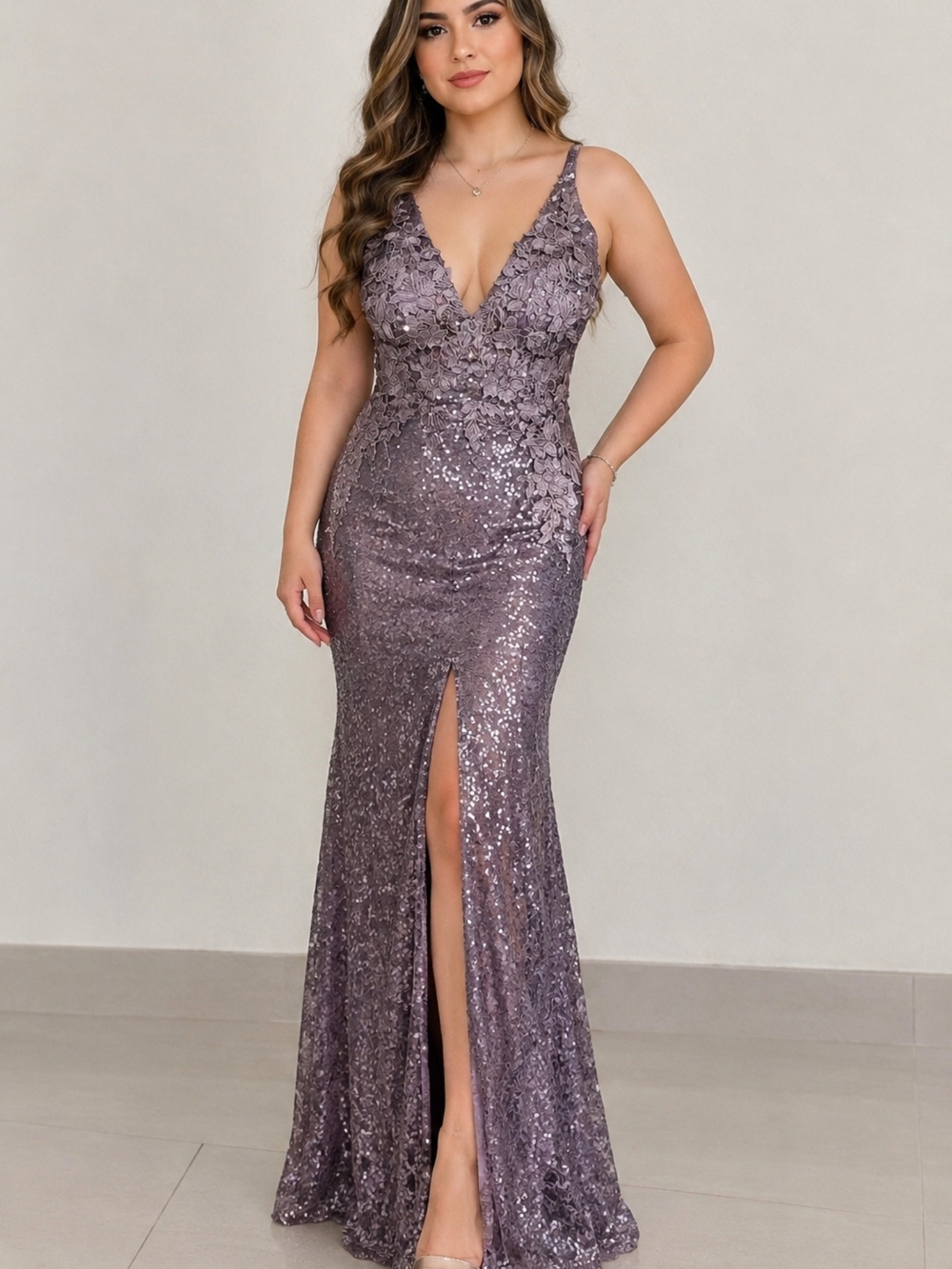 Fashion Nova Lilac Sequin V-Neck Prom Gown
